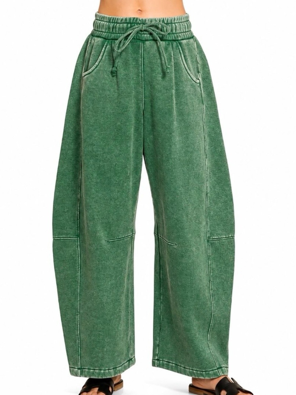 NWT💚Zenana Barrel Acid Wash Fleece Sweatpant Small Dark Green